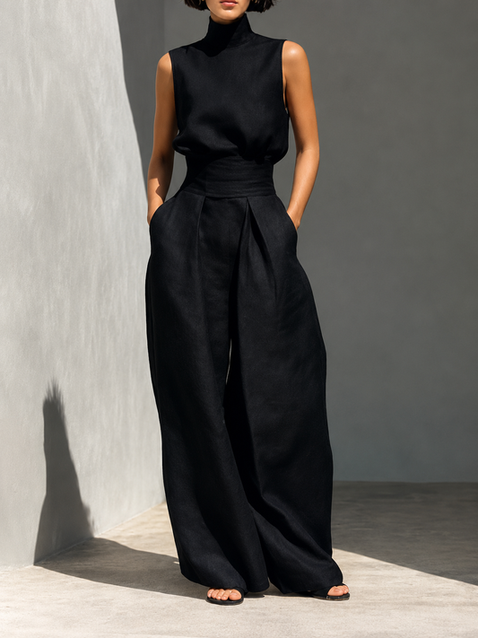 Elegant 2-Piece Set Chic Mock Neck Halter Top & High-Waisted Wide-Leg Pants