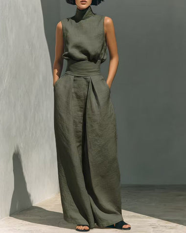Elegant 2-Piece Set Chic Mock Neck Halter Top & High-Waisted Wide-Leg Pants