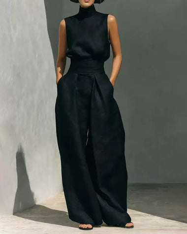 Elegant 2-Piece Set Chic Mock Neck Halter Top & High-Waisted Wide-Leg Pants