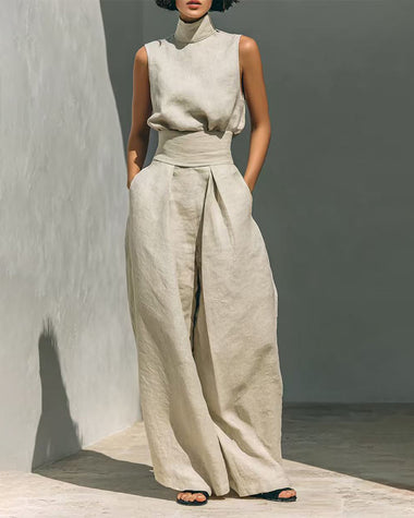 Elegant 2-Piece Set Chic Mock Neck Halter Top & High-Waisted Wide-Leg Pants