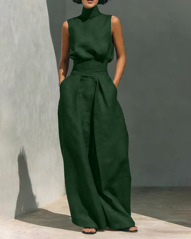 Elegant 2-Piece Set Chic Mock Neck Halter Top & High-Waisted Wide-Leg Pants