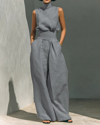 Elegant 2-Piece Set Chic Mock Neck Halter Top & High-Waisted Wide-Leg Pants