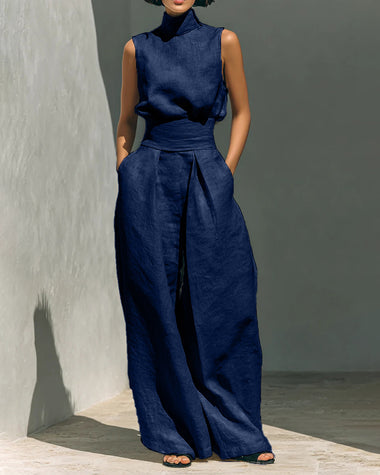Elegant 2-Piece Set Chic Mock Neck Halter Top & High-Waisted Wide-Leg Pants