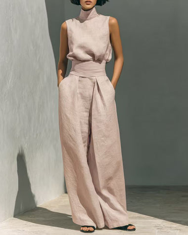 Elegant 2-Piece Set Chic Mock Neck Halter Top & High-Waisted Wide-Leg Pants