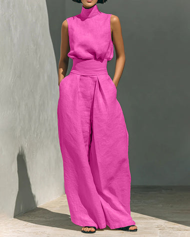 Elegant 2-Piece Set Chic Mock Neck Halter Top & High-Waisted Wide-Leg Pants