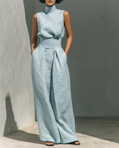 Elegant 2-Piece Set Chic Mock Neck Halter Top & High-Waisted Wide-Leg Pants