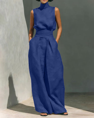 Elegant 2-Piece Set Chic Mock Neck Halter Top & High-Waisted Wide-Leg Pants