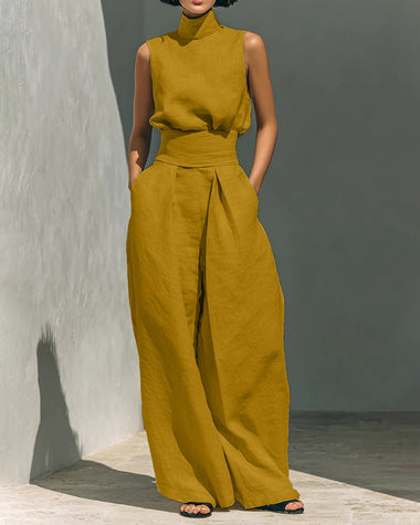 Elegant 2-Piece Set Chic Mock Neck Halter Top & High-Waisted Wide-Leg Pants